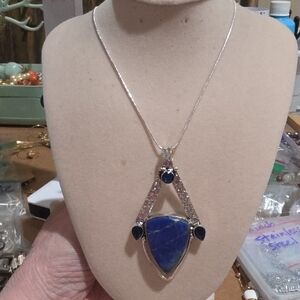 Lapis Lazuli Stone Triangle Pendant Necklace in Sterling Plated Silver